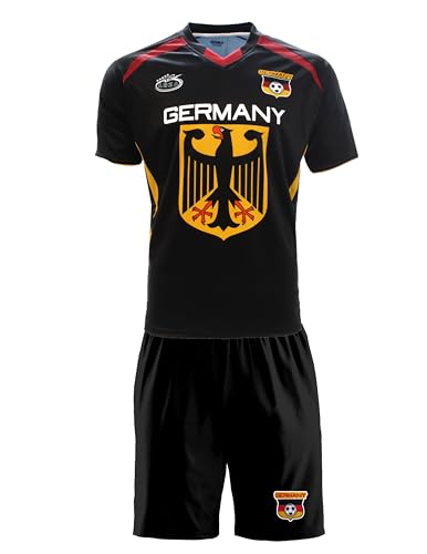Soccer Uniform Set, Adult Size Jersey and Shorts, Short Sleeve, Polyester, Sublimated Design (Large, Germany Black)