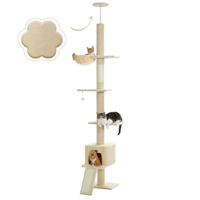 PAWZ Road Cat Tree Floor to Ceiling with Height Adjustable 216cm to 273cm, Cat Tower with Cat Condo, Hammock, Scratching Post and Ladder, Anti-Fall Belt, 5 Tiers Tall Climbing Tree Beige