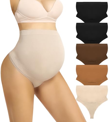 Boguish Maternity Underwear Thong for Women Pregnancy Shapewear Over The Belly Support Seamless Pregnant Panties 5-Pack