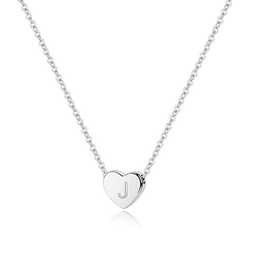 M MOOHAM Initial Heart J Necklace - White Gold Plated 925 Sterling Silver Heart Initial J Necklace for Women, Tiny Silver Heart Pendant Small Initial Necklace Jewelry