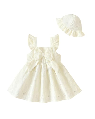 Image of Renotemy Infant Baby Girl Summer Dress Ruffle Flutter Sleeve Bowknot Sundress Gifts Casual Clothes Outfits with Hat and Bag