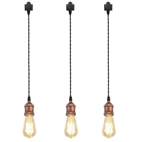Kiven H-Type Track Lighting Pendants,Industrial h Track Pendant Lights with 59 Inch Cord Length Black Weave Rope,3 Pack Track Lighting Fixture,Vintage Red Finish