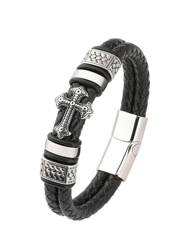 Mens Cuff Cross Bracelets - Silver Plated Stainless Steel Christian - Leather Religious Punk Jewelry