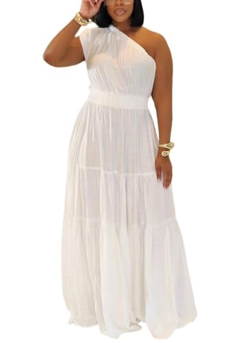 Women's 2025 Linen One Shoulder Dresses Summer Casual Sleeveless Flowy Ruffle Beach Vacation Maxi Dress White