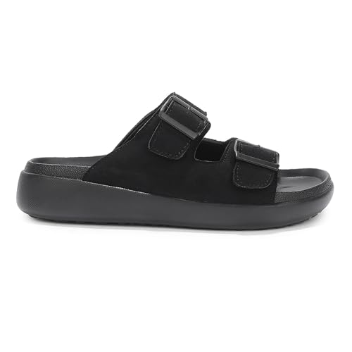 Image of Liberty Healers VAL-36E Slippers for Men - Black & Tan Faux Suede Slip-On Casual Slippers | Soft Cushioned Footbed, Lightweight Everyday Footwear for Home, Daily, Indoor & Casual Wear