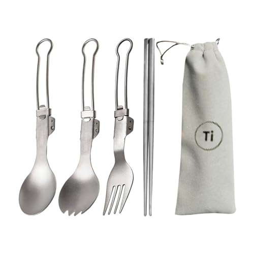 Juego de cubiertos de camping de titanio 60 g – Utensilio de camping | Juego de cubiertos de viaje | 4 piezas plegables reutilizables | Kit portátil para picnic, senderismo, uso diario en fa