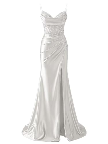 Sukleet Women's Lace Applique Satin Prom Dress with Slit Mermaid Ruched Corset Long Formal Evening Gown