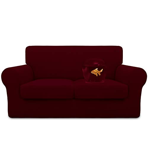 Image of Easy-Going Waterproof 3-Piece Loveseat Cover Couch Covers for Sofa | Stretch Spandex Sofa Cover Protector Bottom for 2 Cushion Couch Dog Pet Friendly Living Room Wine