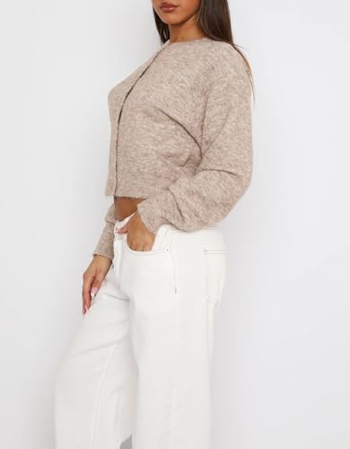 Image of Women's Cropped Cardigan Sweater Open Front Button Down Shirts Long Sleeve Crop Tops Loose Fit Casual Outfits 2024