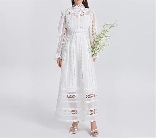 Women's Lace Maxi Party Dress - Stand Collar Long Sleeve Hook Embroidery Design2