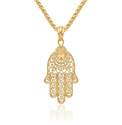 14K Solid Yellow Gold Hamsa Hand of Fatima Evil Eye Protection Necklace Judaica Religious Chain Pendant Israel Charm