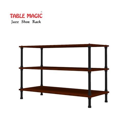 Image of TABLE MAGIC Jazz Shoe Rack Wooden Organizer | 3-Tier Multipurpose Shoes Stand for Home Wooden Shelves with & Steel Frame, Space-Saving Home Organizer, D30 x W60 x H46cm - Mahogany