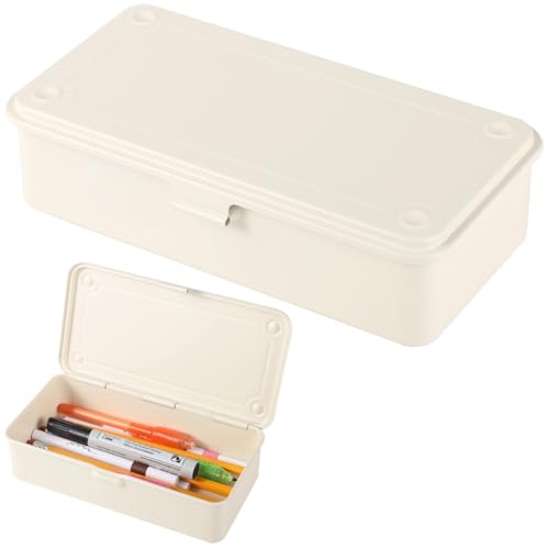 Image of OMISTAR Steel Storage Box with Hinged Lid, Metal Container for Scrapbook Stamps, Rectangular Empty Hinged Metal Tool Box, Storage Organizer for Pegs, Pens, Stationary, White