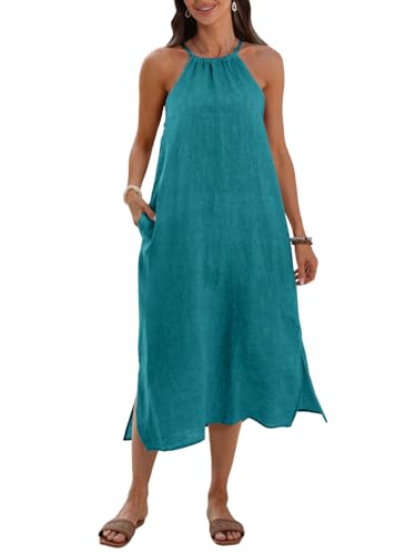 Image of Women's 100% Linen Dress Baggy Midi Halter Neck Casual Sleeveless Dresses Vacation Beach