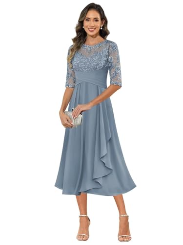 JAEDEN Brautmutterkleider Lang Spitze Formal Hochzeitsgast Kleid für Damen A-Linie Abendkleider Staubiges Blau 38