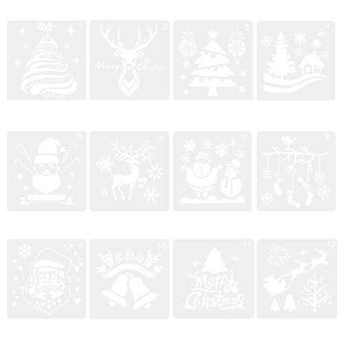 TONGIHS 12 Pièces Pochoir Noel, Pochoirs de Dessin, Pochoir Peinture en Plastique, pour les décorations de fenêtres, ornements de portes, étiquettes cadeaux de...