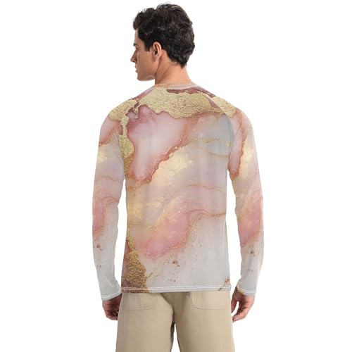 Marble White Blush UPF 50+ Long Sleeve Sun Shirt Loose Type Round Neck Men's Sun Shirt Long Sleeve Summer2