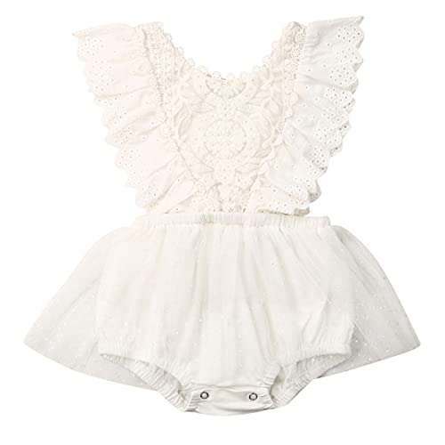 Andannby Infant Baby Girl Lace Rompers V-Back Bowknot Bodysuit Cute Newborn Ruffle Clothes White (White2,0-6 Months)