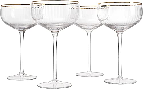 Gold Rim Coupe Glasses 11 Oz, Set Of 4 Classic Manhattan Glasses - Martini, Cocktails, Champagne, Wine & Water, Coupes Gilded Rimed, Crystal Stemmed, Short Stem Sets Perfect For Drinking Champagne #TOP1