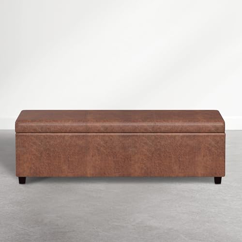 Image of SIMPLIHOME Avalon 54 inch Vegan Leather Ottoman in Distressed Pecan Brown