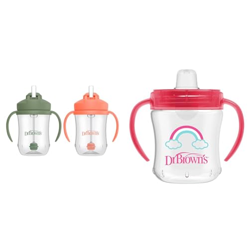 Image of Dr. Brown’s Milestones Baby’s First Straw Cup, Training Cup with Weighted Straw, Coral & Olive Green, 2 Pack, 6m+ & Transition Sippy Cup with Soft Spout - Pink - 6oz - 6m+