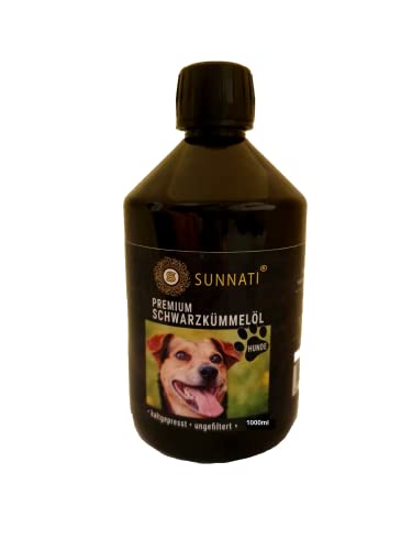 Sunnati® Premium Schwarzkümmelöl für Hunde 1 Liter - Kaltgepresst, ungefiltert, 100% rein - Natürlicher Zeckenschutz, Haut- und Fellpflege - Wohl bekömmlich und schmackvoll - 1000ml (2x 500ml) Cover