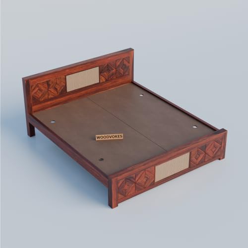 Image of Sheesham Wood 1 Bed Without Storage Solid Wooden Cot Bed Elegant and Functional Bedroom Living Room Home (Honey Finish 2 Can, Queen)