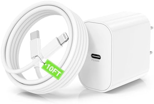 for iPhone Charger Fast Charging,Wall Charger Block Plug with 10ft USB C to Lightning Cable Cord Long,Type C Adapter Cube Box Brick for Apple iPhone 14/14 Pro Max/13/13 Pro/12 Mini/12 Plus/11/iPad Air