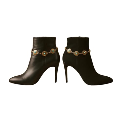 Trendy Fashion Jewelry Women Western Boot Chain Bracelet Metal Shoe Turquoise Blue Flower Charm Anklet Gold SET Handmade In USA BC177