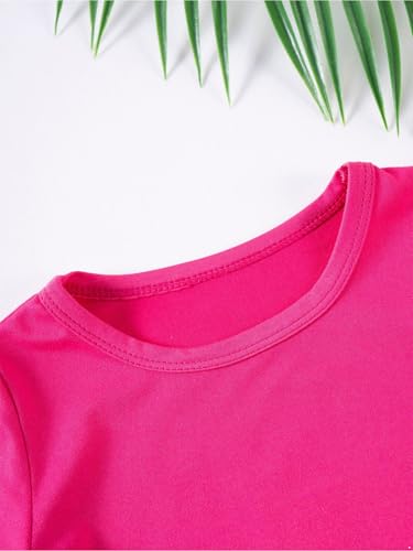 Hansber Kids Girls 2-Piece Solid Color Sports Outfit Round Neck T-shirt with Shorts for Exercise Workout Hot Pink 5-6 Years2