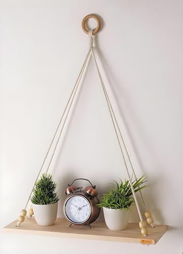 Image of Hanging Shelf with Magic Hook, Use Decor Plants, Books, Decorative Gift Items Nursery Livingroom Wooden Beads & Ring Woven Bohemian Chic for Dorm