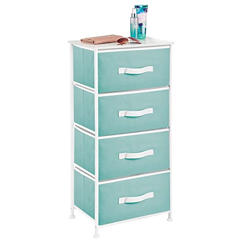 mDesign Tall Dresser Storage Tower Stand - Sturdy Steel Frame, Wood Top, 4 Drawer Easy Pull Fabric Bin - Organizer for Bedroom, Hallway, Entryway, Closet - Textured Print - Turquoise Blue/White