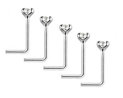 Clear Crystal Nose Studs PACK OF 5 STERLING SILVER Thin 0.6mm Bar L SHAPE