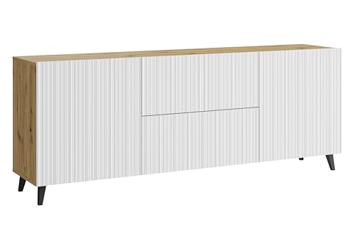 MINIO - Commode LOKET, 180 cm, buffet, salon, couleur: chêne artisan/blanc, façades fines rainurées MDF, pieds noirs