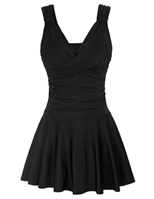 GRACE KARIN Women's One Piece Swimdress Tummy Control Bathing Suit V Neck Swimsuit Plus Size Swimdress Ruched Skirt Black 2XL