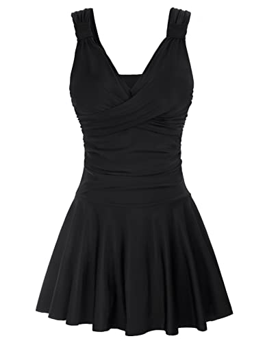 GRACE KARIN Women's One Piece Swimdress Tummy Control Bathing Suit V Neck Swimsuit Ruched Skirt Swimwear
