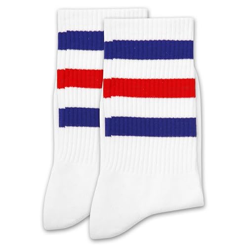 Classic Striped Tube Socks, Back To School Gifts, Soft Cotton Retro Tube Socks For Men, Women& Teens, Fathers Day，1 Pairs, Blue/Red/White - Cotton Graduation Gift For For Men, Women, Teens. (048)2