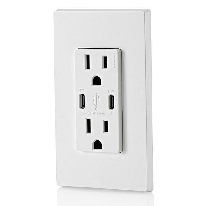 Image of Leviton 30W (6A) USB Dual Type-C /C in-Wall Charger with 15A Tamper-Resistant Outlet, USB Charger for Smartphones and Tablets, Not for Laptops, T5637-W, White