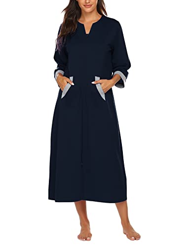 Image of Ekouaer Women Zipper Robe 3 /4 Sleeves Loungewear Dress Full Length Sleepwear Pockets Housecoat Nightgown Long Bathrobe