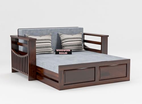 Image of Solid Sheesham Wooden Sofa Cums Bed with Mattresses for Living Room | Rosewood 2 Seater Sofa Cums Bed for Bedroom Without Pillow (A-Walnut)