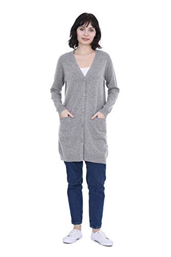 Image of Cashmeren Women's 100% Pure Inner Mongolian Cashmere Essential Long V-Neck Cardigan with Buttons and Pockets (Heather Grey, X-Large)
