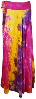 Mogul Interior Womens Long Wrap Skirt, Sweet Pink Yellow Floral Printed Wrap Skirts One Size