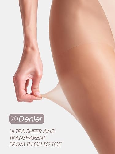 leg elegant 3 Pairs 20D Women\'s Sheer Tights Ultra Sheer Pantyhose with Control Top (Nude, L) - Thumbnail 4
