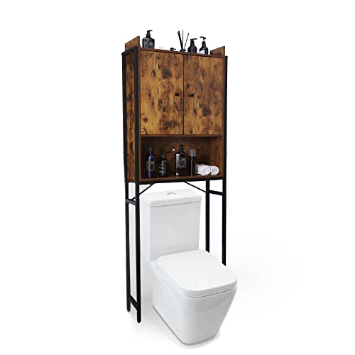 Over The Toilet Storage Cabinet, Bathroom Shelf Organizer Spacesaver Wood Cabinets Behind The Toilet Rack, 2-Door with Cupboard, Metal Frame Easy Assembly, Rustic Brown and Black Mo-01