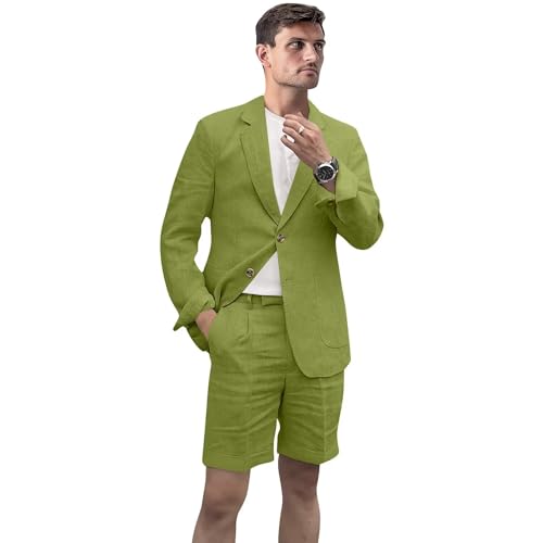 Men's 2 Piece Linen Suits Set Slim Fit Summer Shorts Suit for Men Grooms Beach Wedding Tuxedo Suit Blazer & Shorts