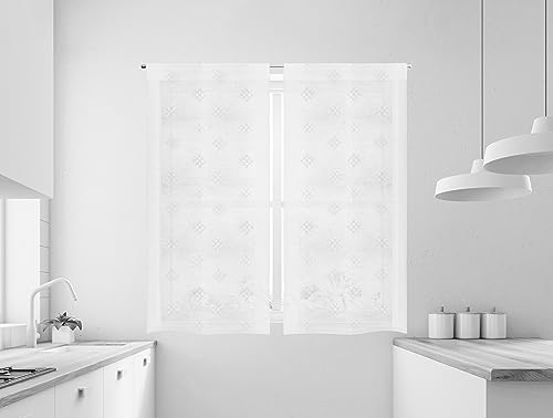 IlGruppone Coppia Tendine Tende A Vetro Ricamate Semitrasparenti Finestre Porta Finestra Cucina Bagno 60 x 150 Cm o 60 x 240 Cm MOD Cleme - Natural - 60x150 cm