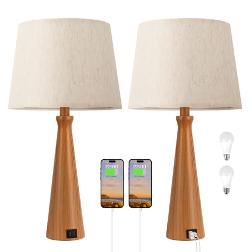 Seealle Modern Touch Table Lamps for Living Room Set of 2（Wood-Paint Base）