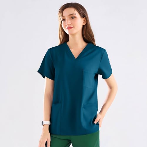 Image of FONMA Scrub Tops Women Plus Size Stretchy V-Neck Scrub Shirts with 4 Pockets Breathable Short Sleeve Nurse Uniforms