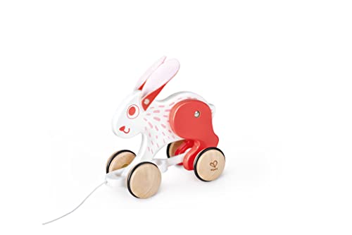 Image of Hape: Pull Along - Bunny - White & Red - Wooden Animal Toy, Rubber Rimmed Wheels, Encourages Walking, Push & String Pull, Kid Baby Toddler, Age 12 mo+