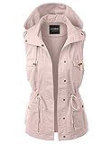 SOUGAO Womens Hooded Vest Jacket Military Sleeveless Utility Safari Vest Pink Size X-Large